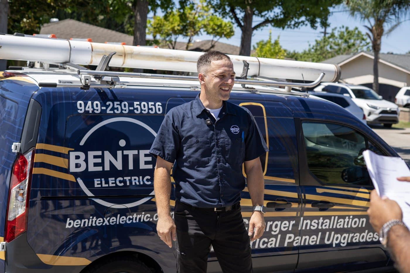 A client on his own job site, mid-take during an ad shoot